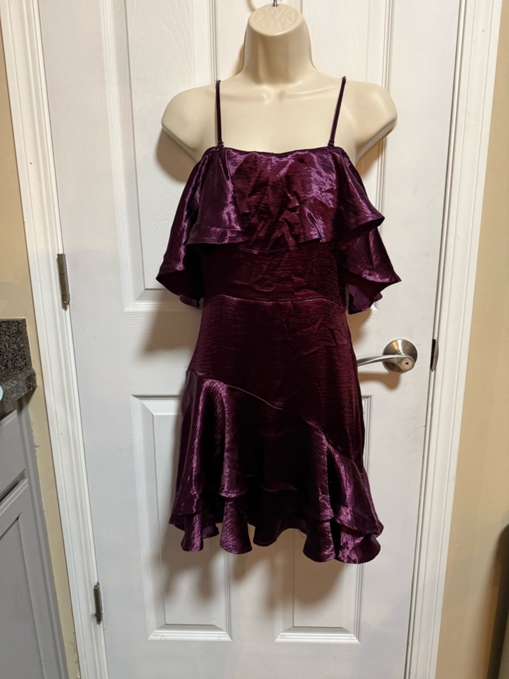 Francesca's Collections Satin Plum Ruffle Midi Dress